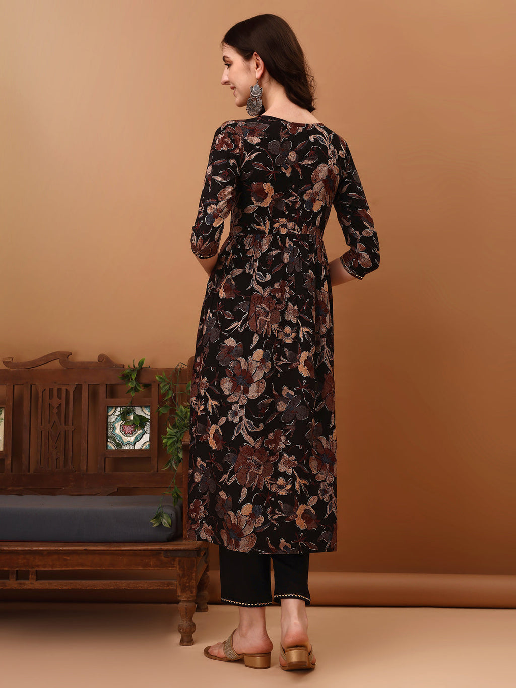 Flared Embroidered Floral Printed Kurta Set with Pant and Dupatta