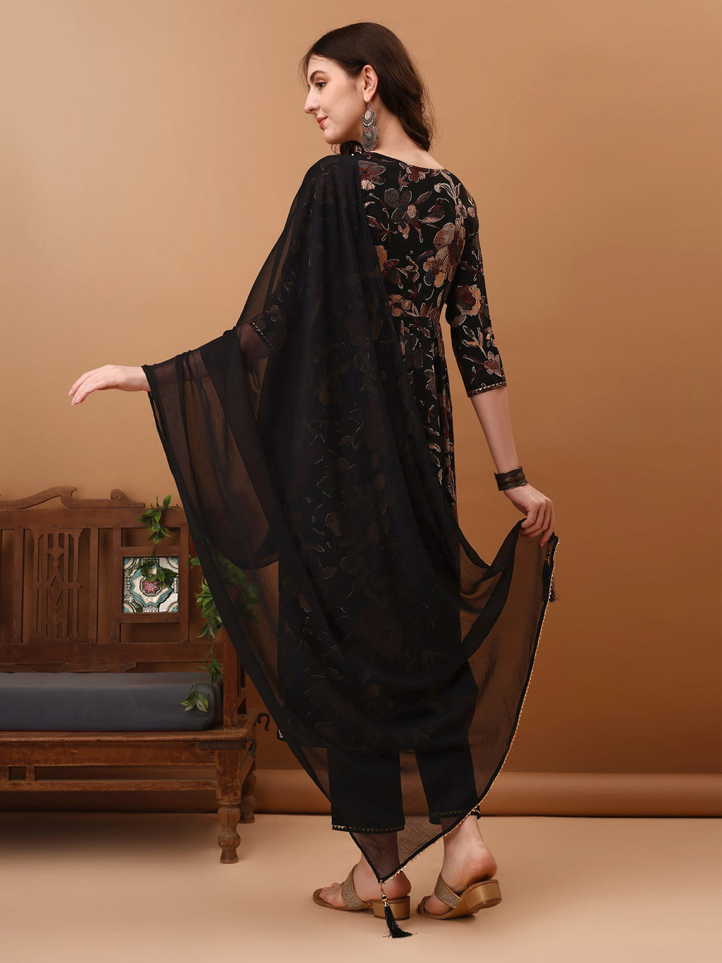 Flared Embroidered Floral Printed Kurta Set with Pant and Dupatta