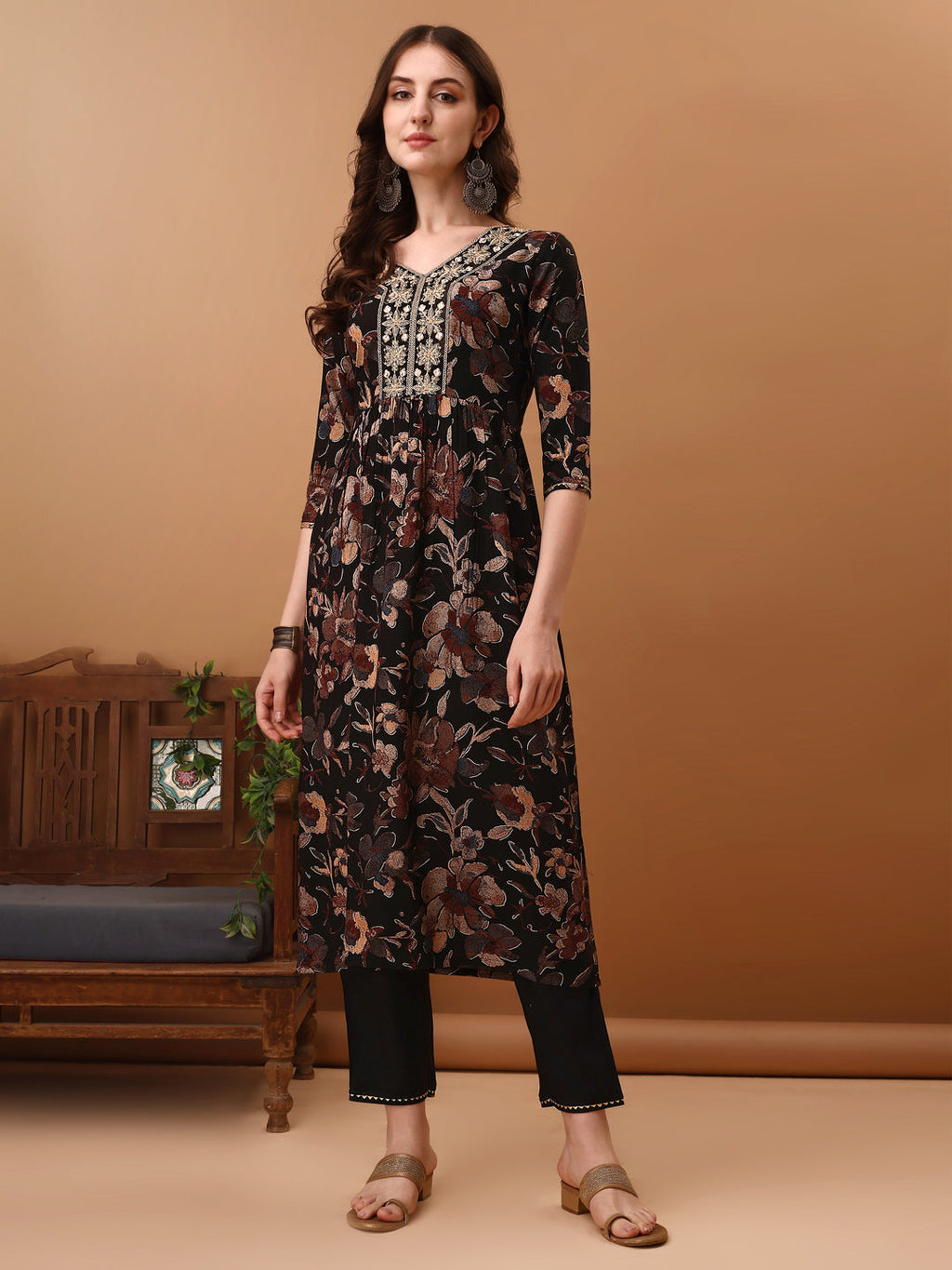 Flared Embroidered Floral Printed Kurta Set with Pant and Dupatta