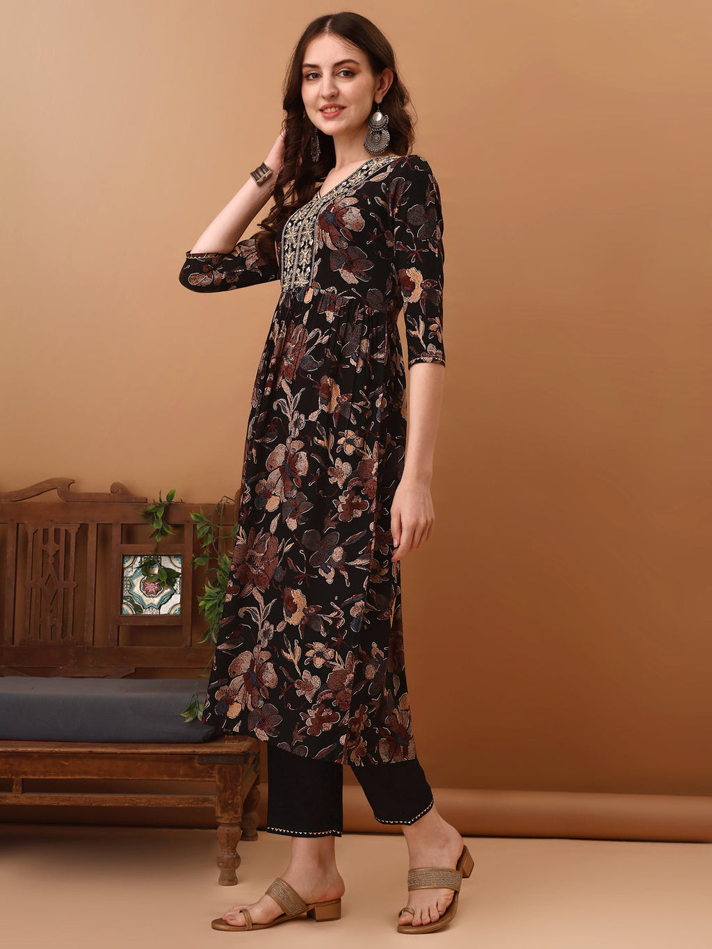 Flared Embroidered Floral Printed Kurta Set with Pant and Dupatta