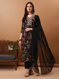 Black flared kurta with floral print and embroidery featuring matching pants and dupatta.