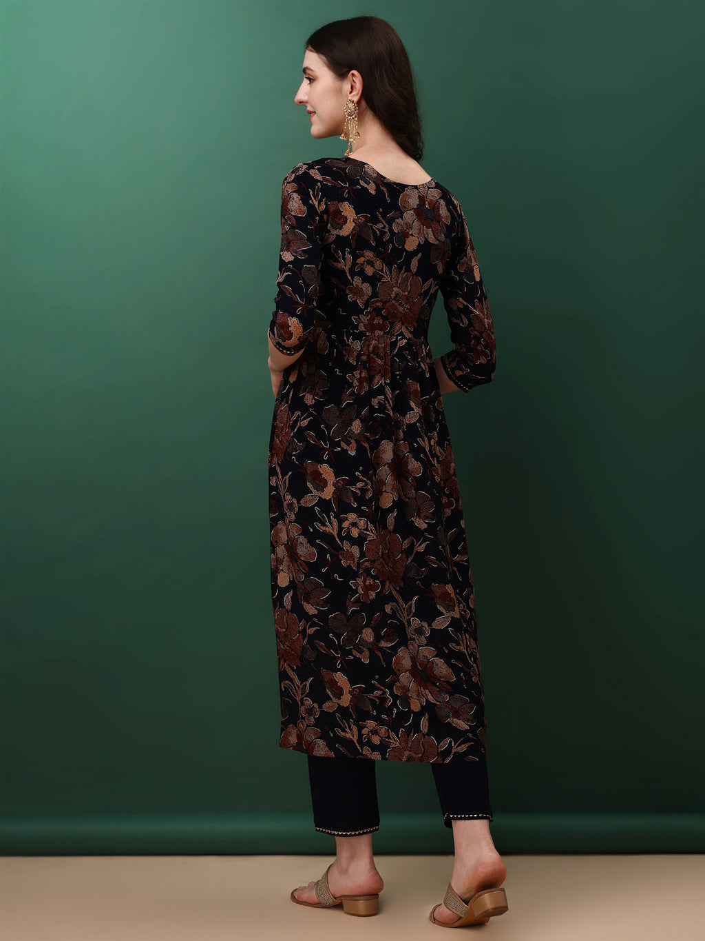 Navy Blue Flared Embroidered Kurta Set with Floral Print & Dupatta