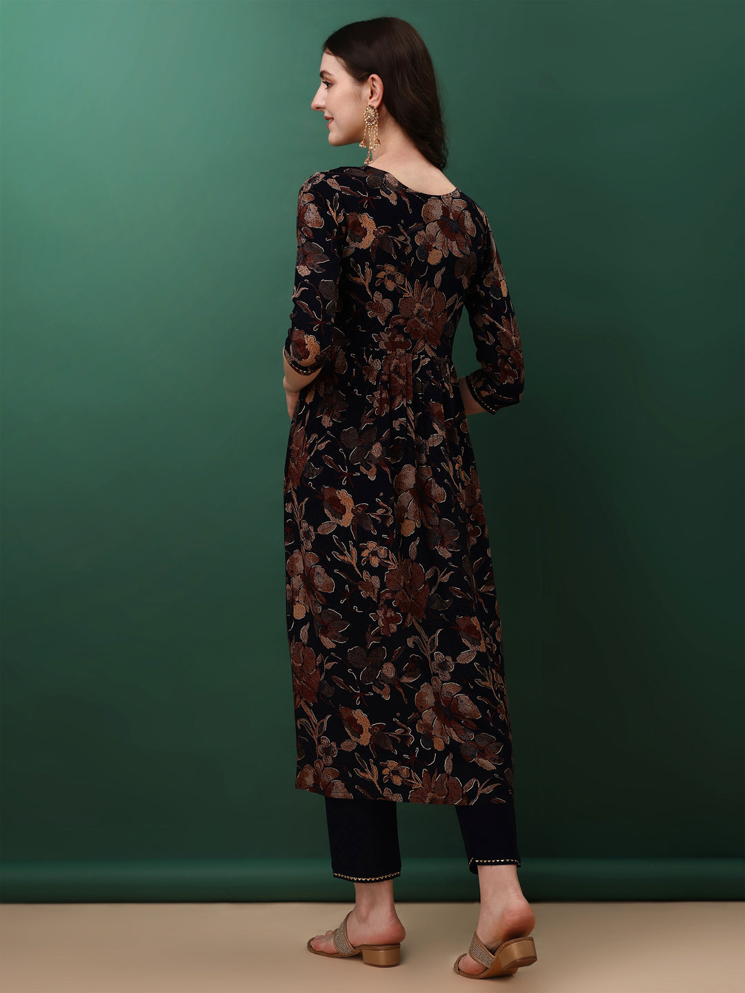 Navy Blue Flared Embroidered Kurta Set with Floral Print & Dupatta