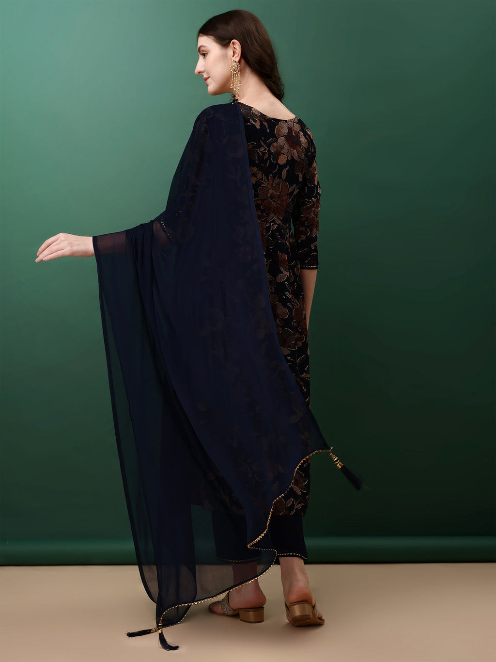 Navy Blue Flared Embroidered Kurta Set with Floral Print & Dupatta