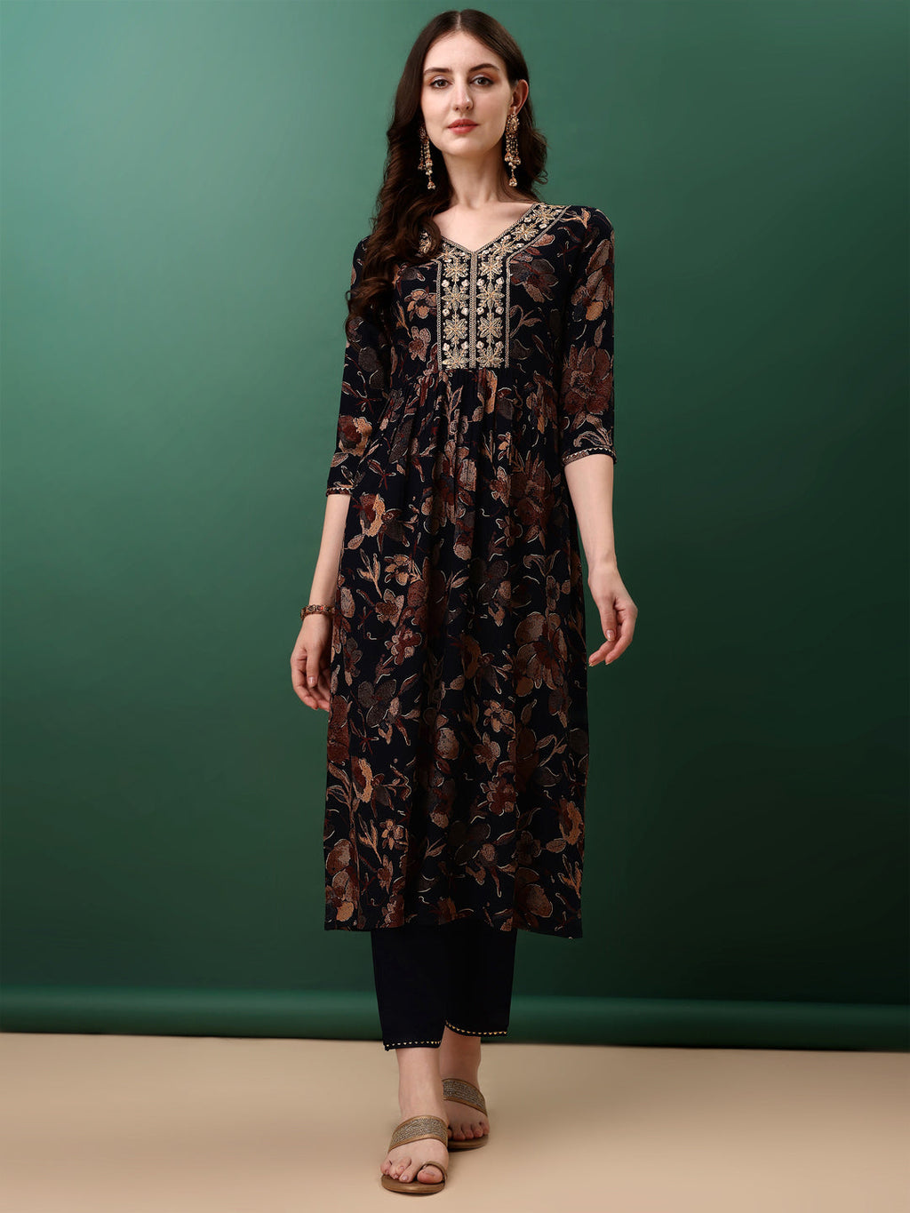 Navy Blue Flared Embroidered Kurta Set with Floral Print & Dupatta