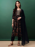 Navy Blue flared kurta with floral print and embroidery, styled with matching pants and dupatta.