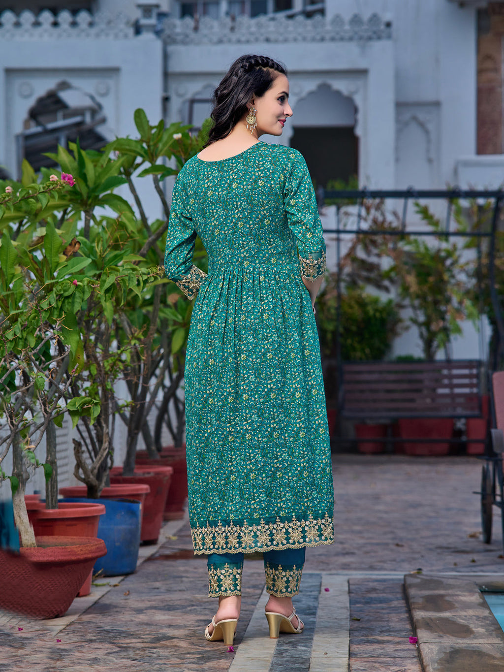 Teal Nyra Cut Embroidered and Floral Printed Kurta Set