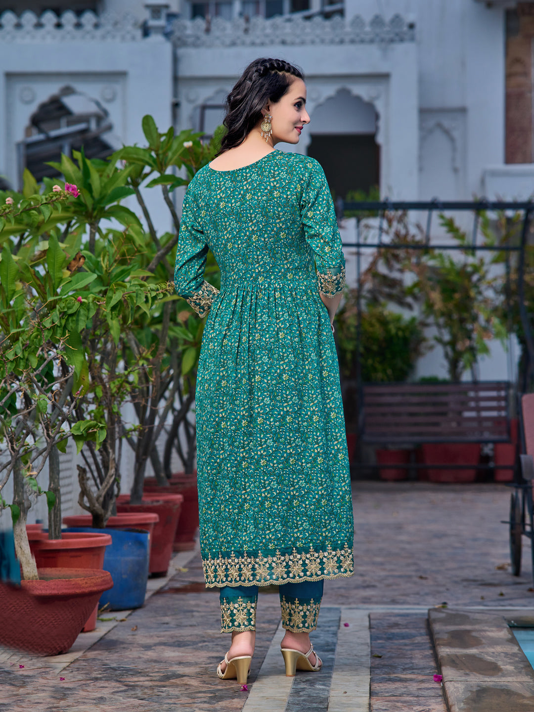 Teal Nyra Cut Embroidered and Floral Printed Kurta Set