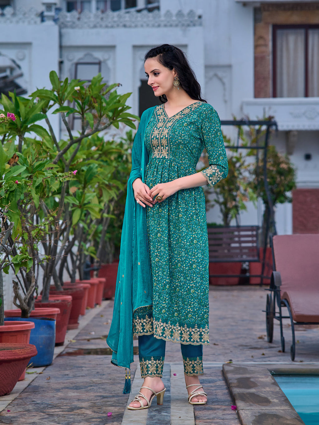 Teal Nyra Cut Embroidered and Floral Printed Kurta Set