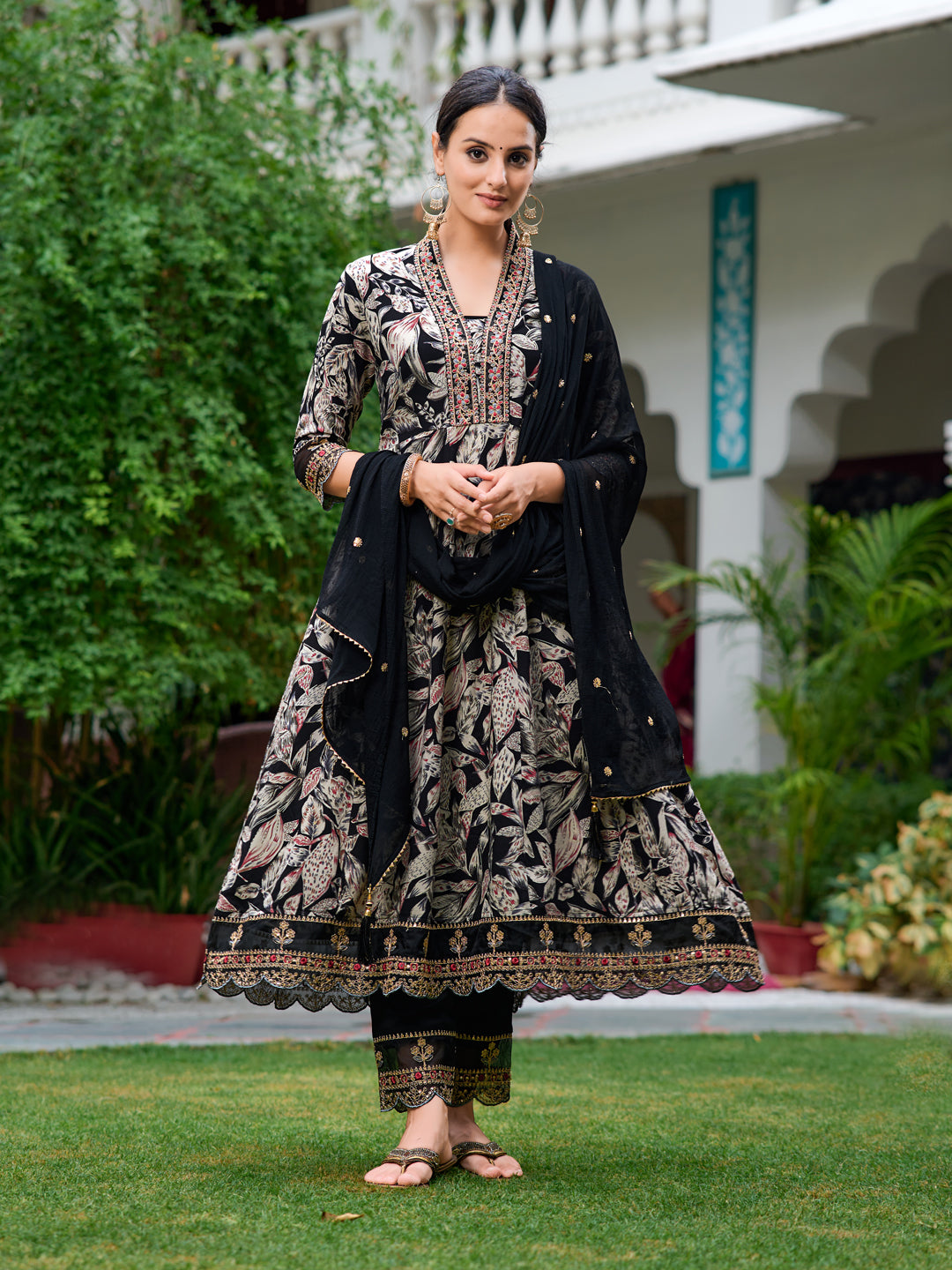 Black Anarkali kurta with botanical prints and embroidered dupatta