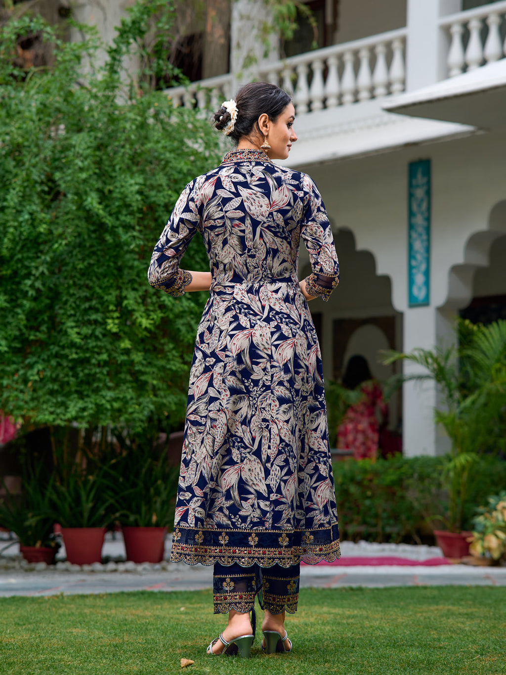 Navy Blue Botanical Embroidered Anarkali Kurta Set with Dupatta