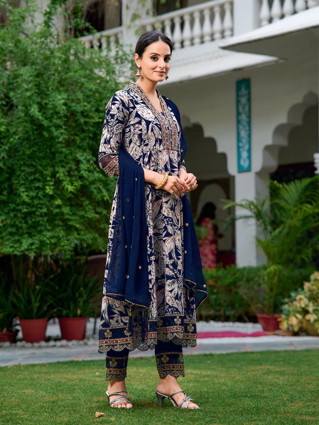 Navy Blue Botanical Embroidered Anarkali Kurta Set with Dupatta
