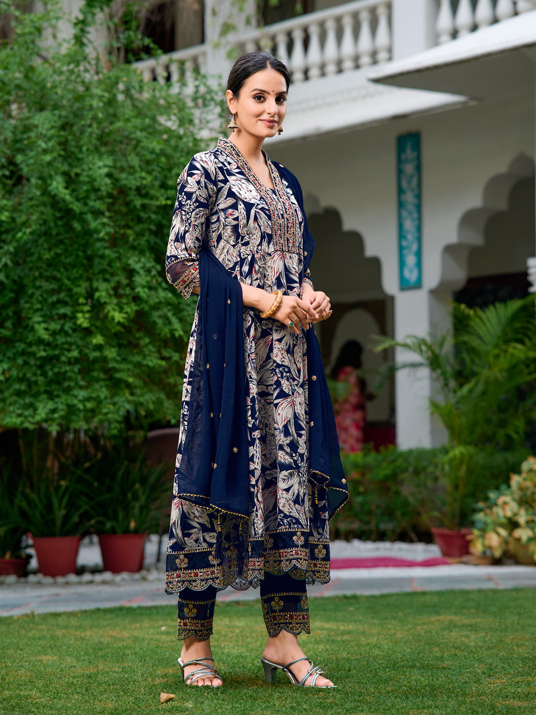 Navy Blue Botanical Embroidered Anarkali Kurta Set with Dupatta