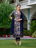 Navy blue Anarkali kurta with botanical prints, embroidery, pants, and matching dupatta