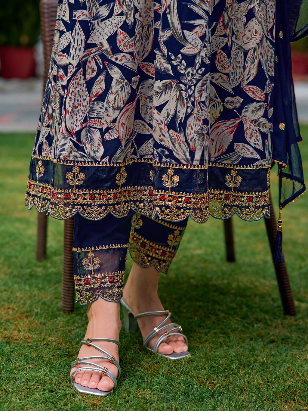Navy Blue Botanical Embroidered Anarkali Kurta Set with Dupatta