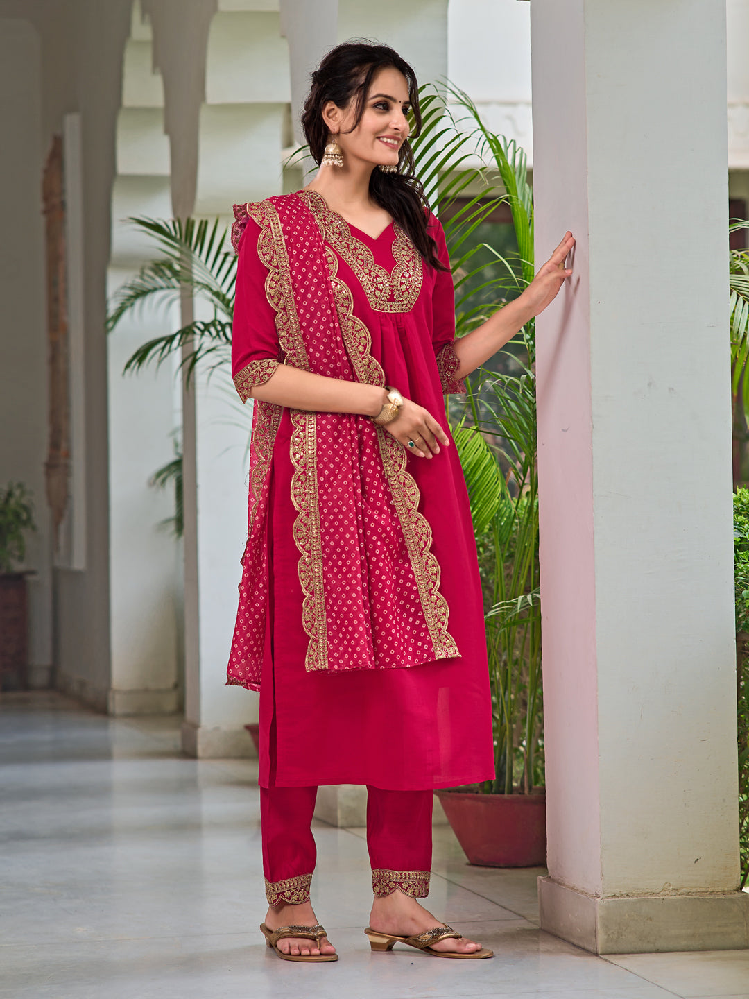 Pink Embroidered Chanderi Kurta Set with Bandhani Print Dupatta