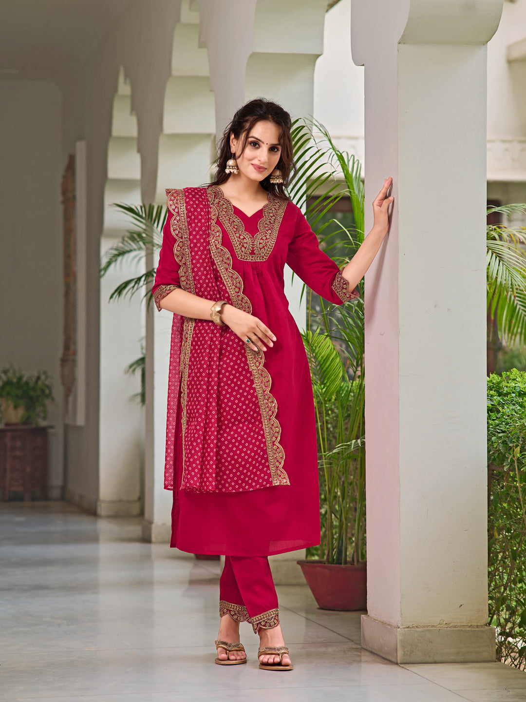 Elegant pink Chanderi embroidered kurta set with Bandhani print dupatta and matching pants