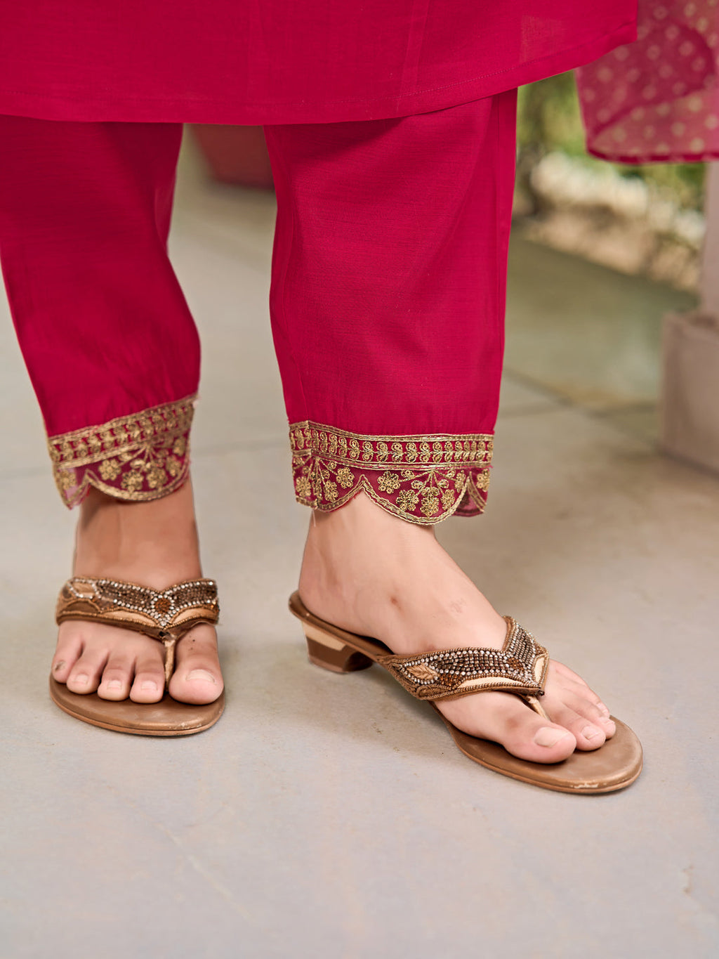 Pink Embroidered Chanderi Kurta Set with Bandhani Print Dupatta