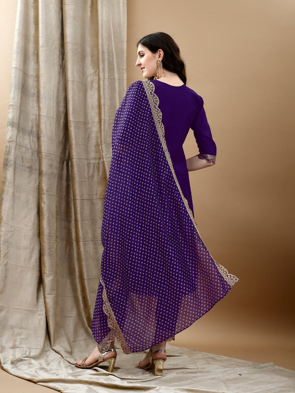 Purple Embroidered Kurta Set with Bandhani Printed Dupatta