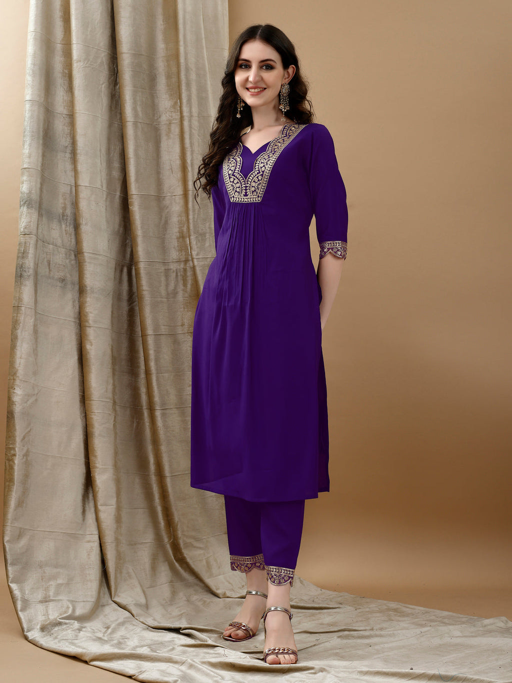 Purple Embroidered Kurta Set with Bandhani Printed Dupatta