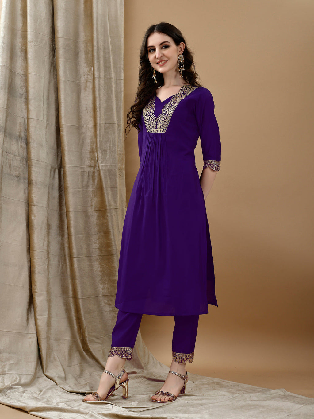 Purple Embroidered Kurta Set with Bandhani Printed Dupatta