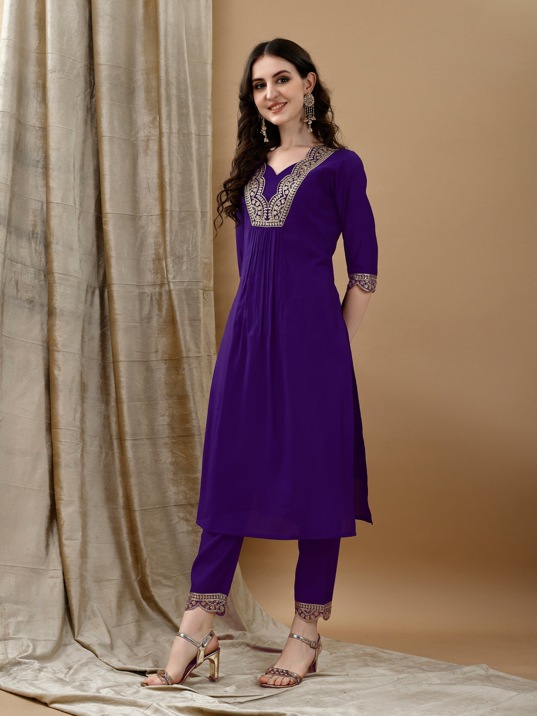 Purple Embroidered Kurta Set with Bandhani Printed Dupatta