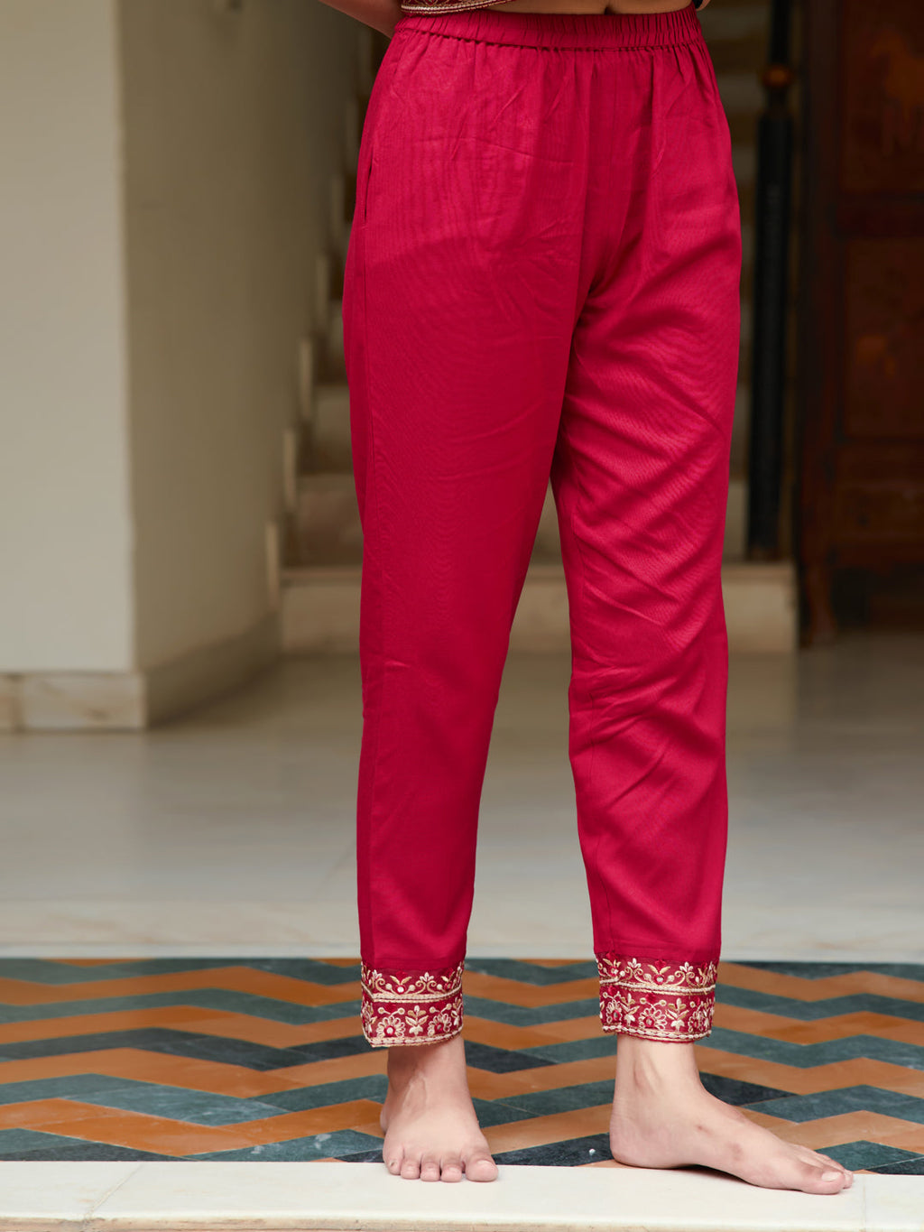 Rani Embroidered Bandhani Flared Kurta Set with Pant and Dupatta