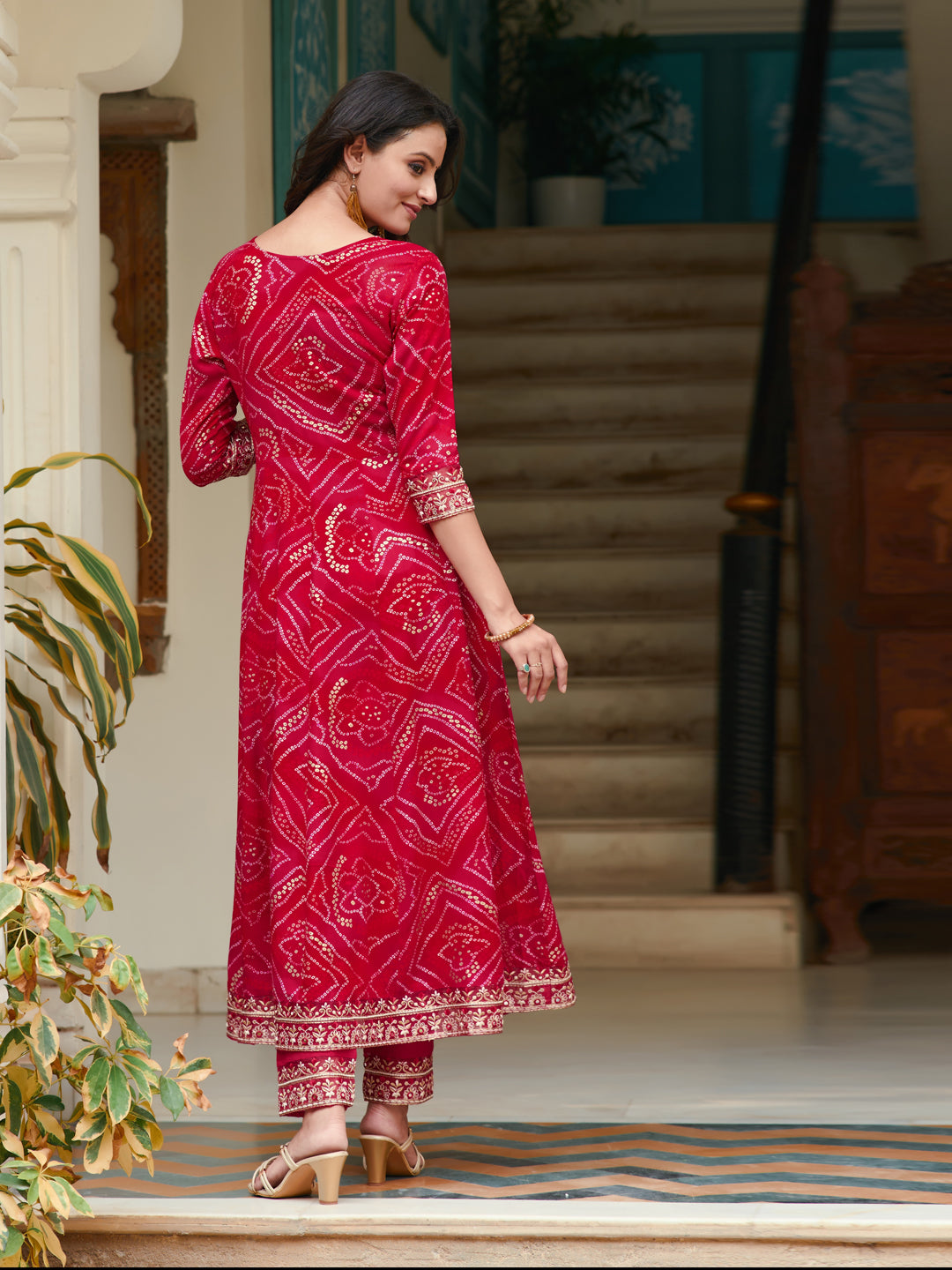 Rani Embroidered Bandhani Flared Kurta Set with Pant and Dupatta