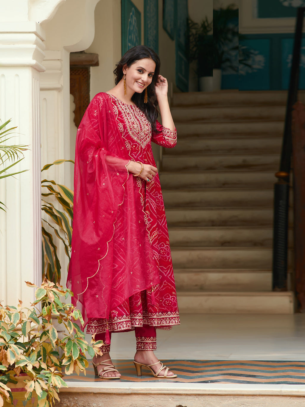 Rani Embroidered Bandhani Flared Kurta Set with Pant and Dupatta