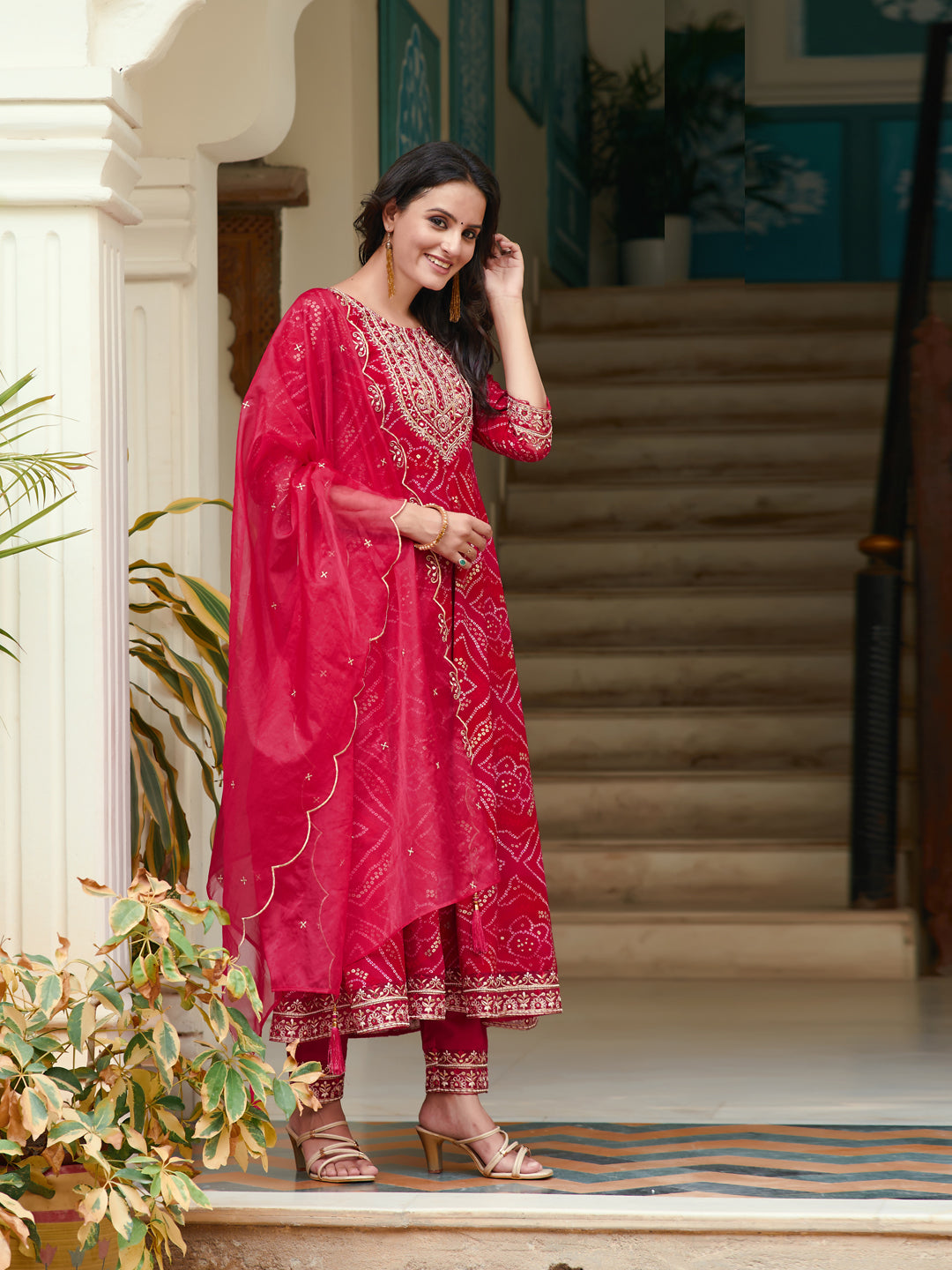 Rani Embroidered Bandhani Flared Kurta Set with Pant and Dupatta