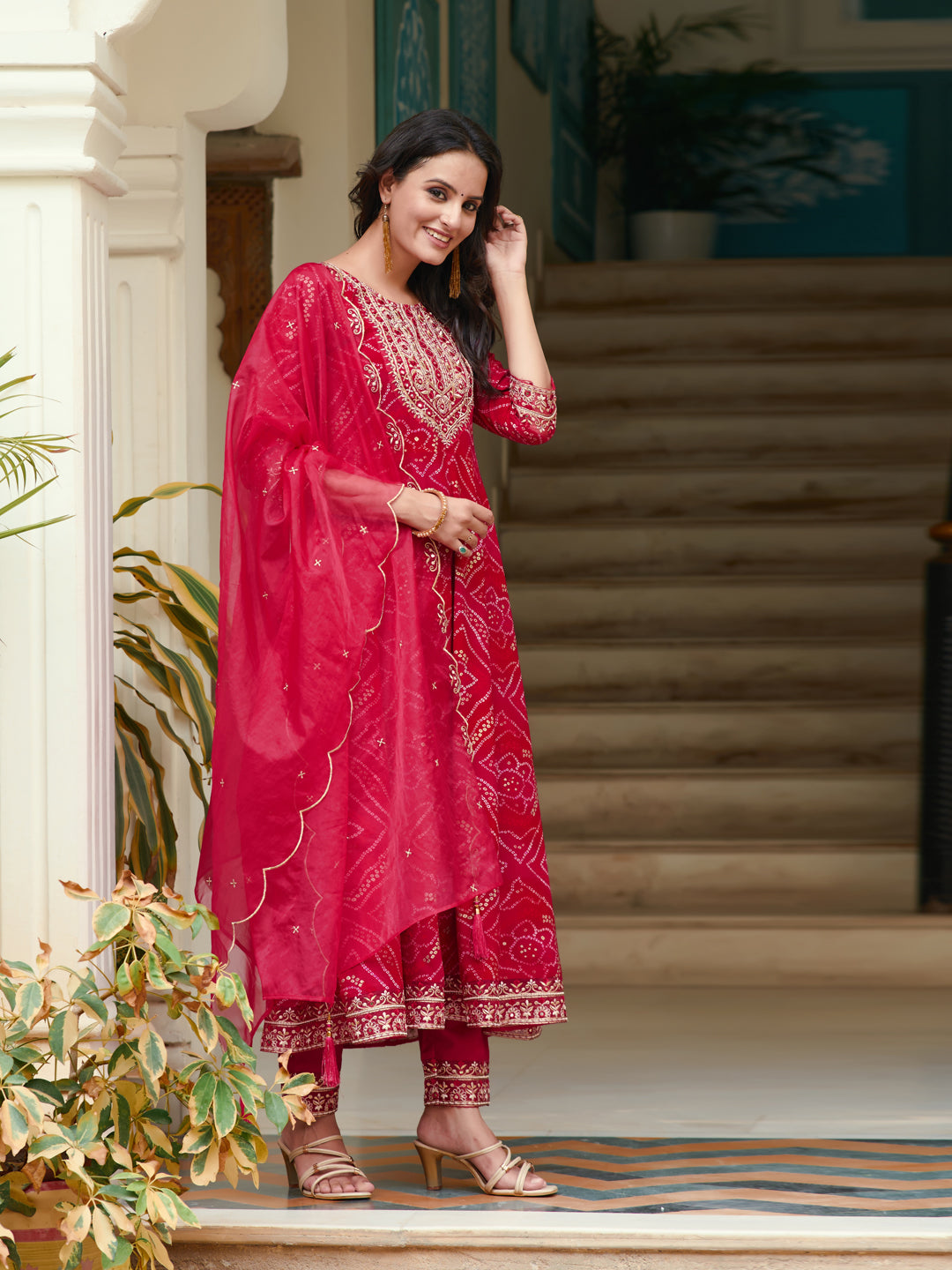 Rani Embroidered Bandhani Flared Kurta Set with Pant and Dupatta