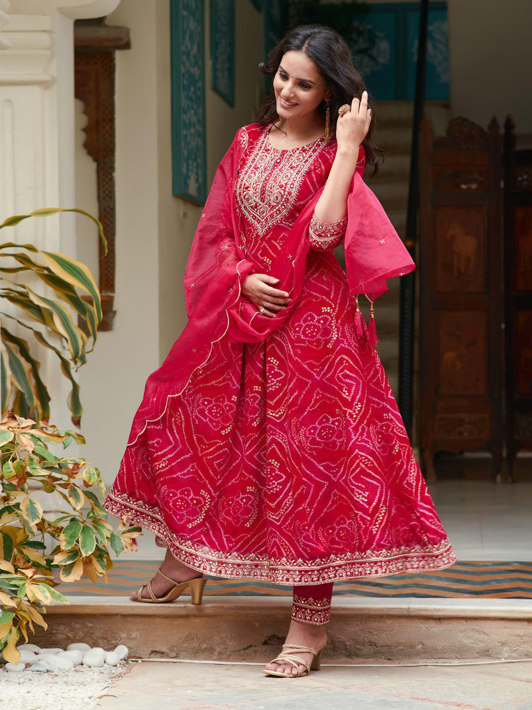 Rani Embroidered Bandhani Flared Kurta Set with Pant and Dupatta