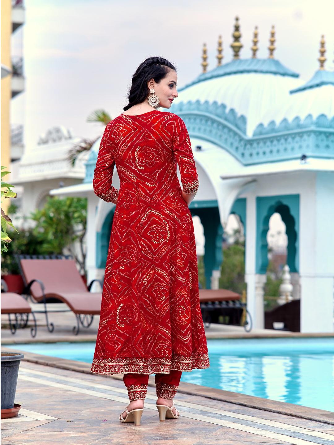 Red Embroidered and Bandhani Printed Flared Kurta Set