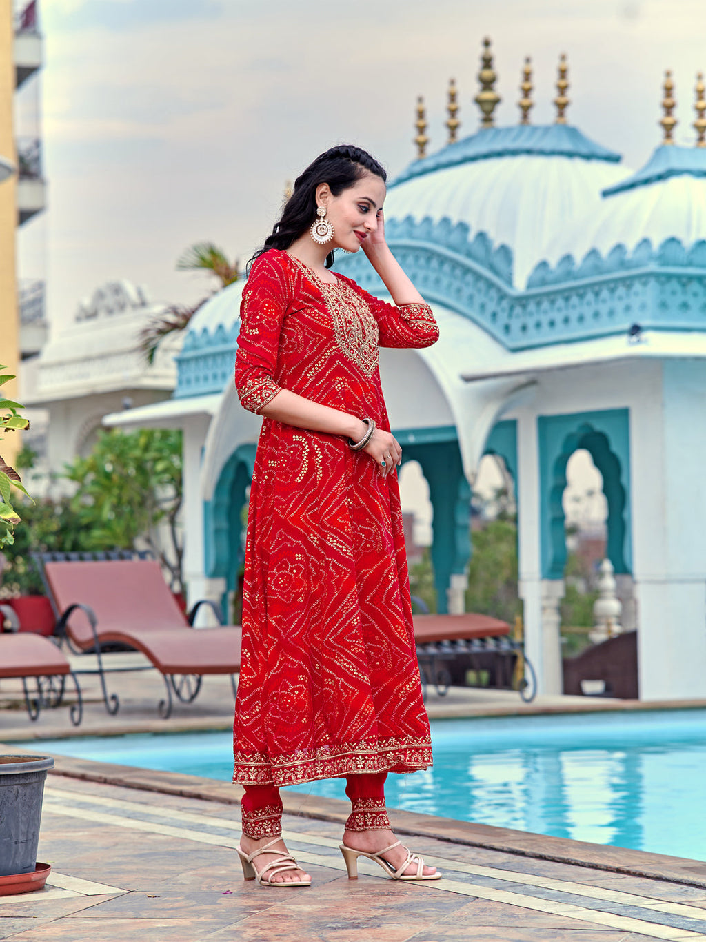 Red Embroidered and Bandhani Printed Flared Kurta Set