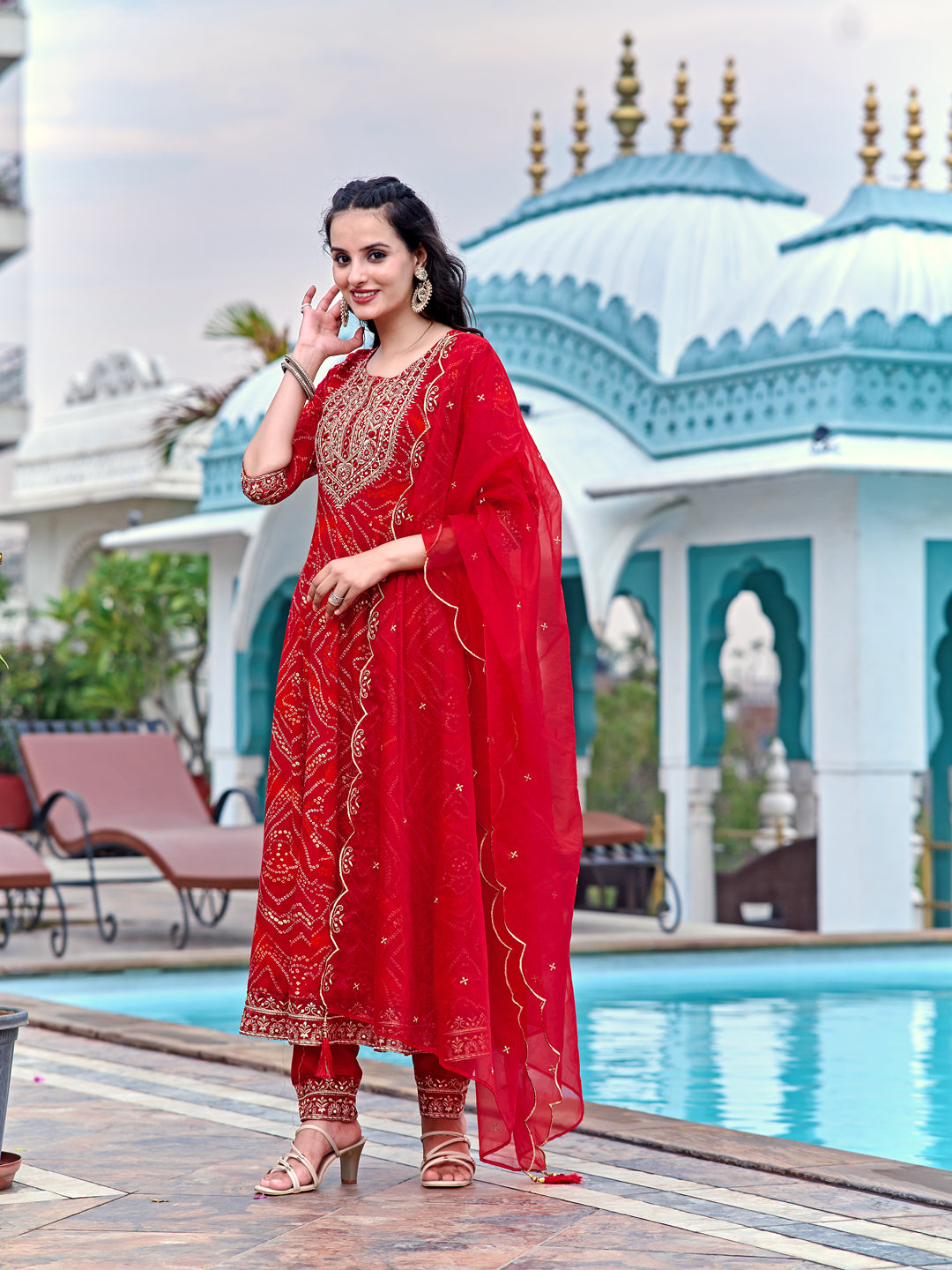 Red Embroidered and Bandhani Printed Flared Kurta Set