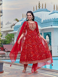 Red flared kurta with embroidery and Bandhani print, paired with pant and dupatta