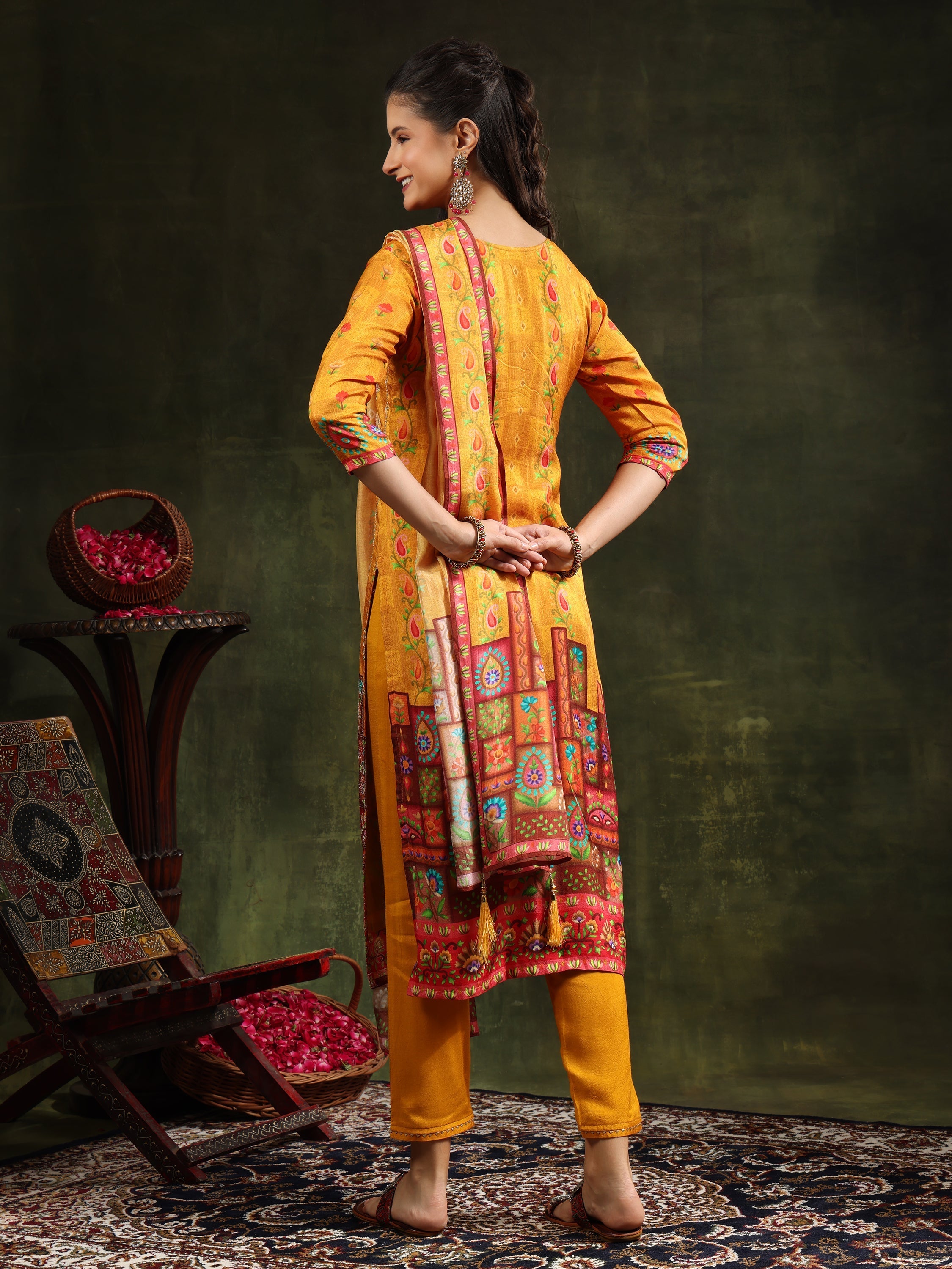Mustard Pure Silk Hand Embroidered Kurta Set with Dupatta