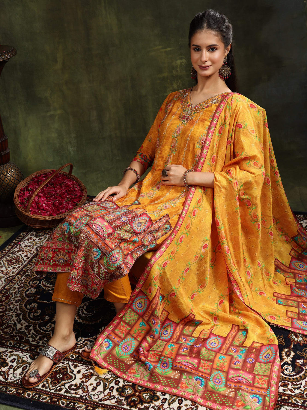 Mustard Pure Silk Hand Embroidered Kurta Set with Dupatta