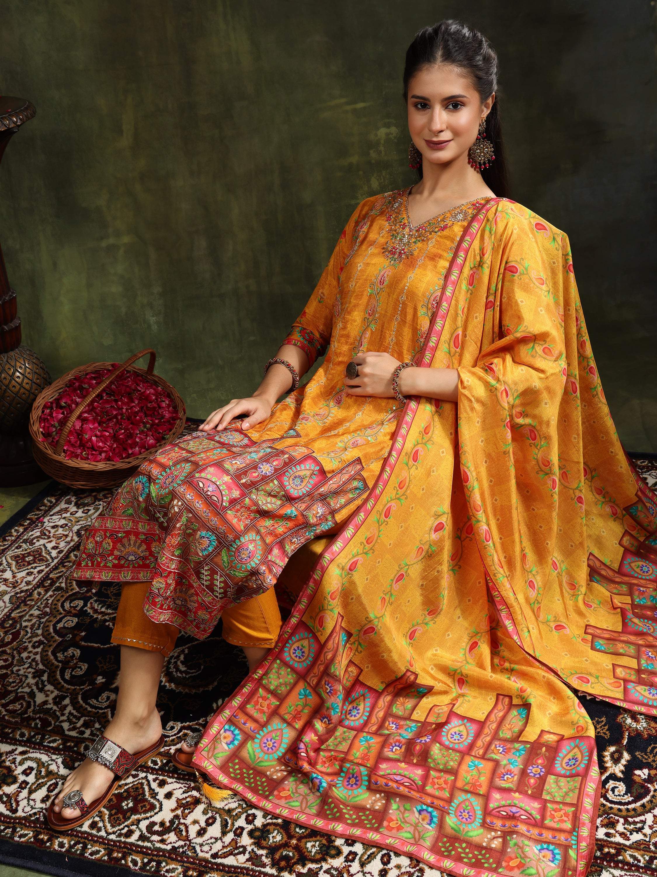 Mustard Pure Silk Hand Embroidered Kurta Set with Dupatta