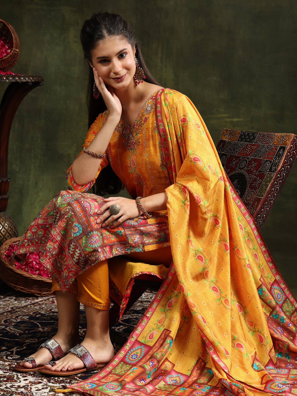 Mustard Pure Silk Hand Embroidered Kurta Set with Dupatta