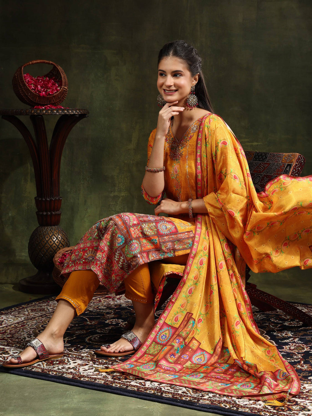 Mustard pure silk kurta with hand embroidery and matching printed dupatta