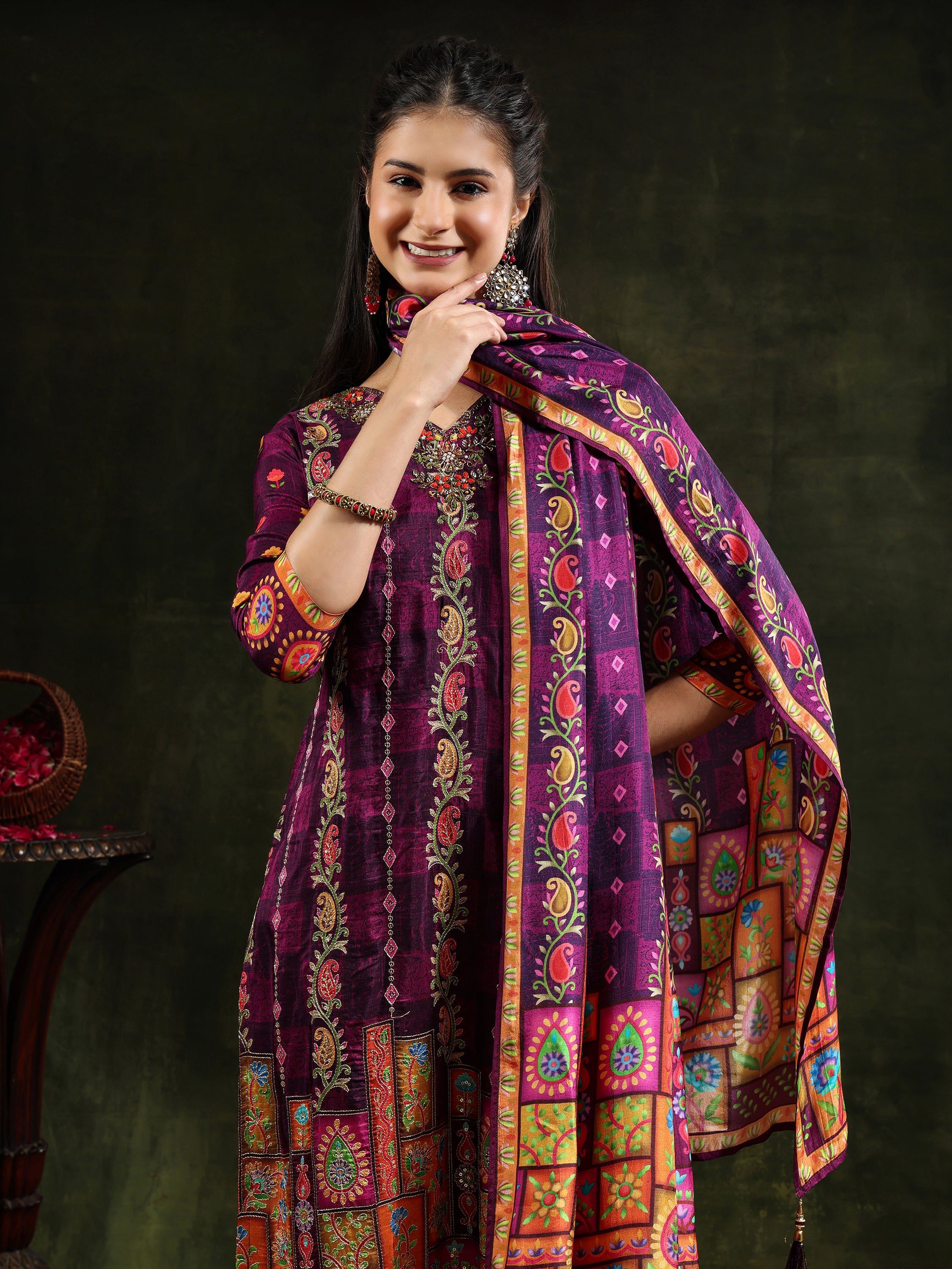 Elegant purple pure silk kurta set with hand embroidery, matching pants, and a printed dupatta for women