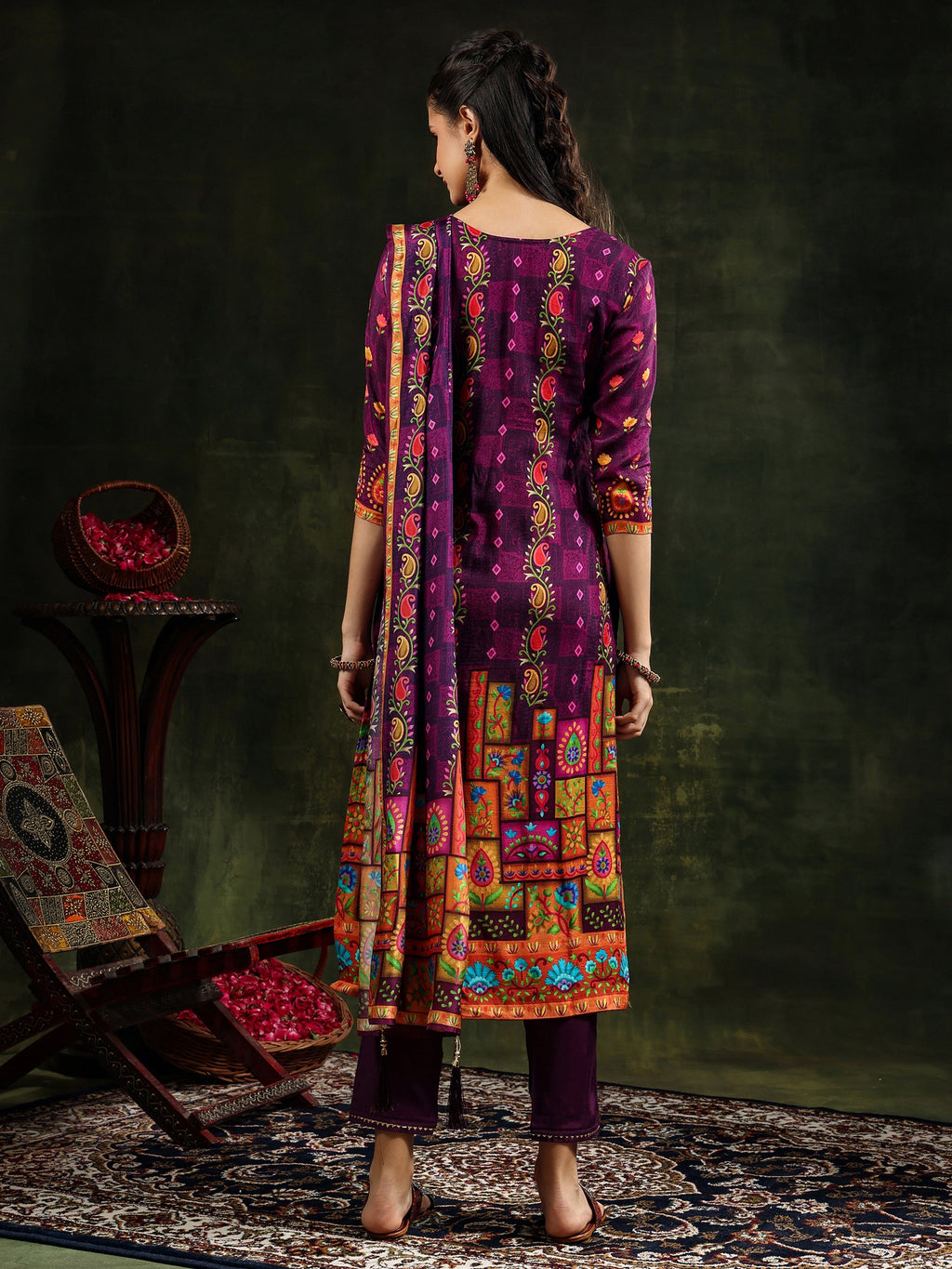 Purple Hand Embroidered Pure Silk Kurta Set with Printed Dupatta