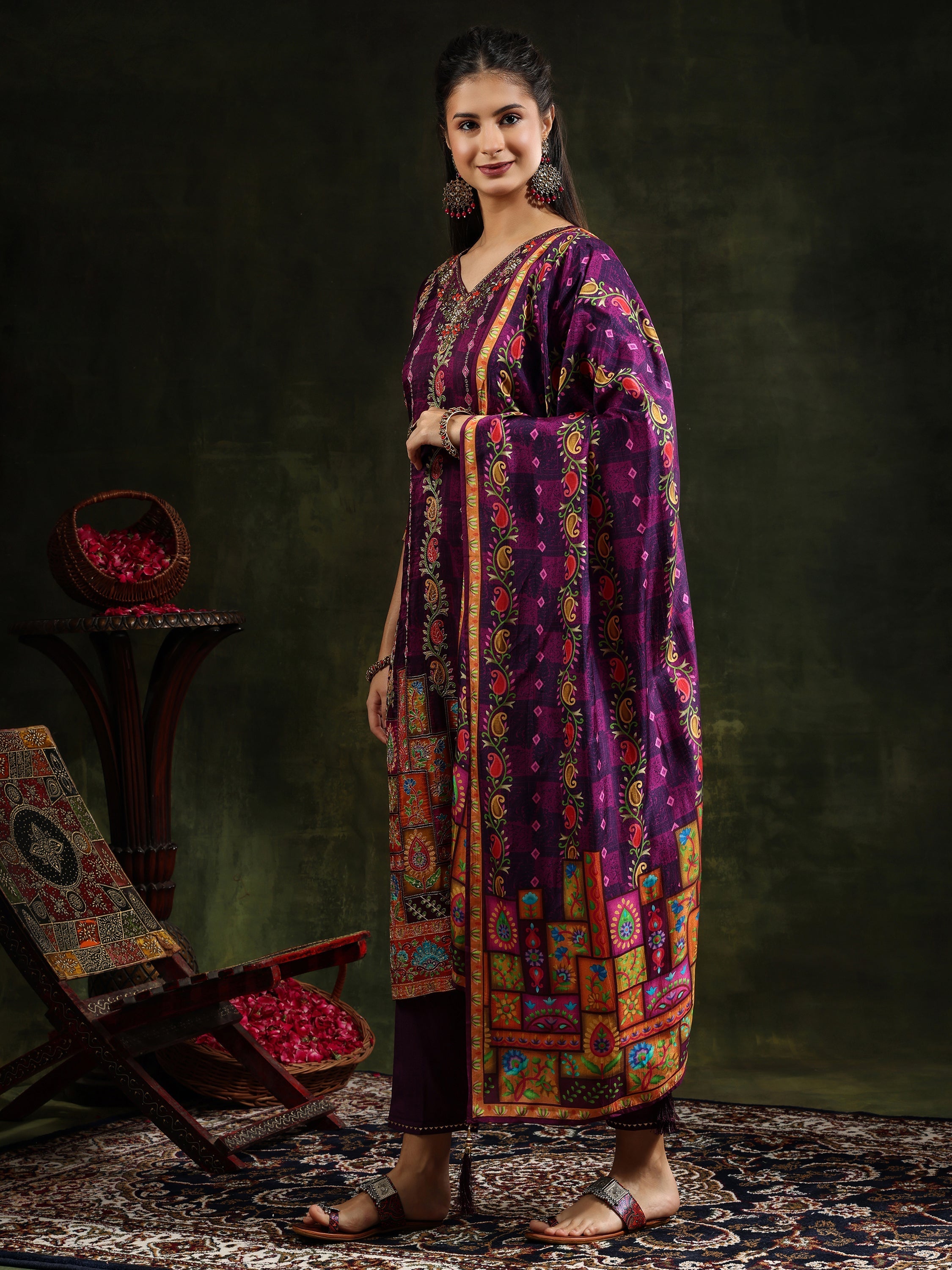 Purple Hand Embroidered Pure Silk Kurta Set with Printed Dupatta