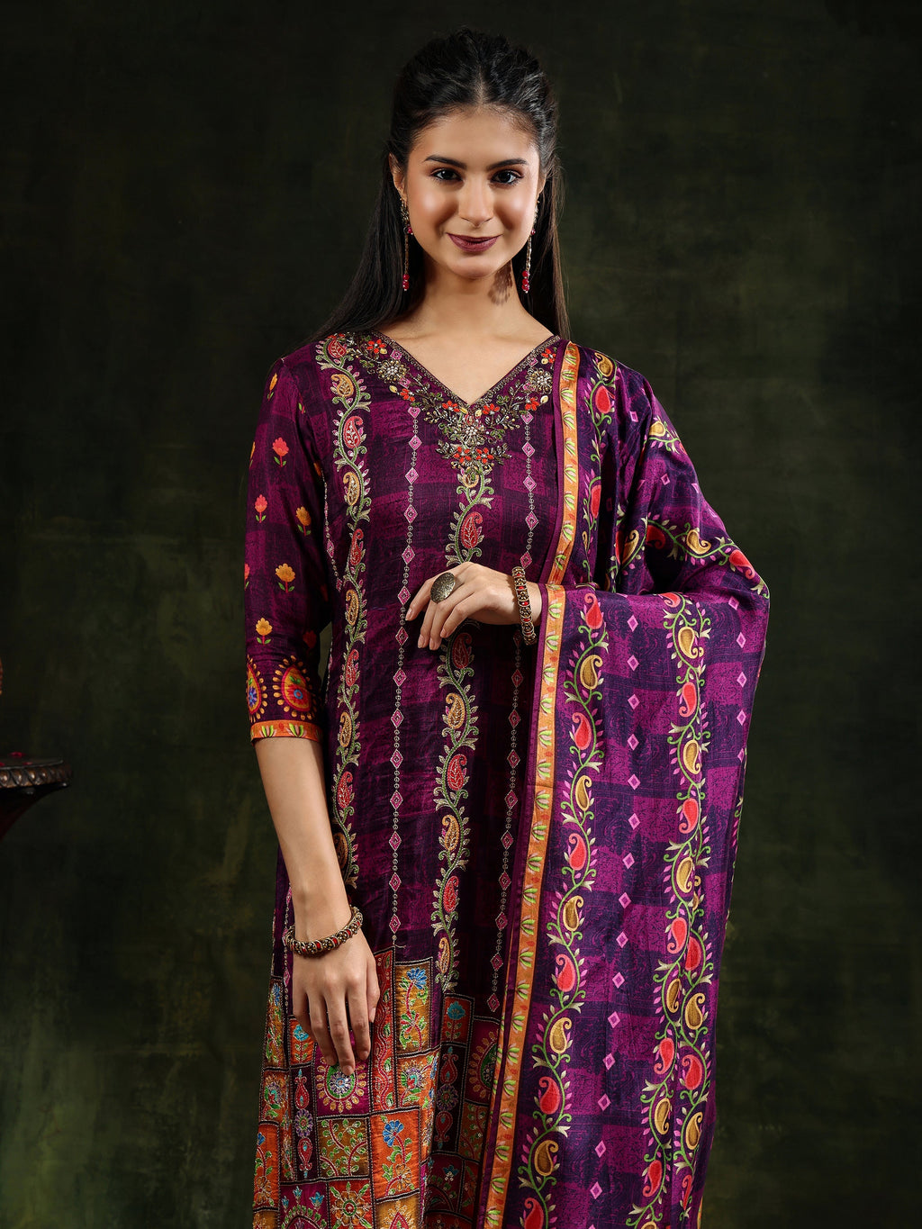 Purple Hand Embroidered Pure Silk Kurta Set with Printed Dupatta