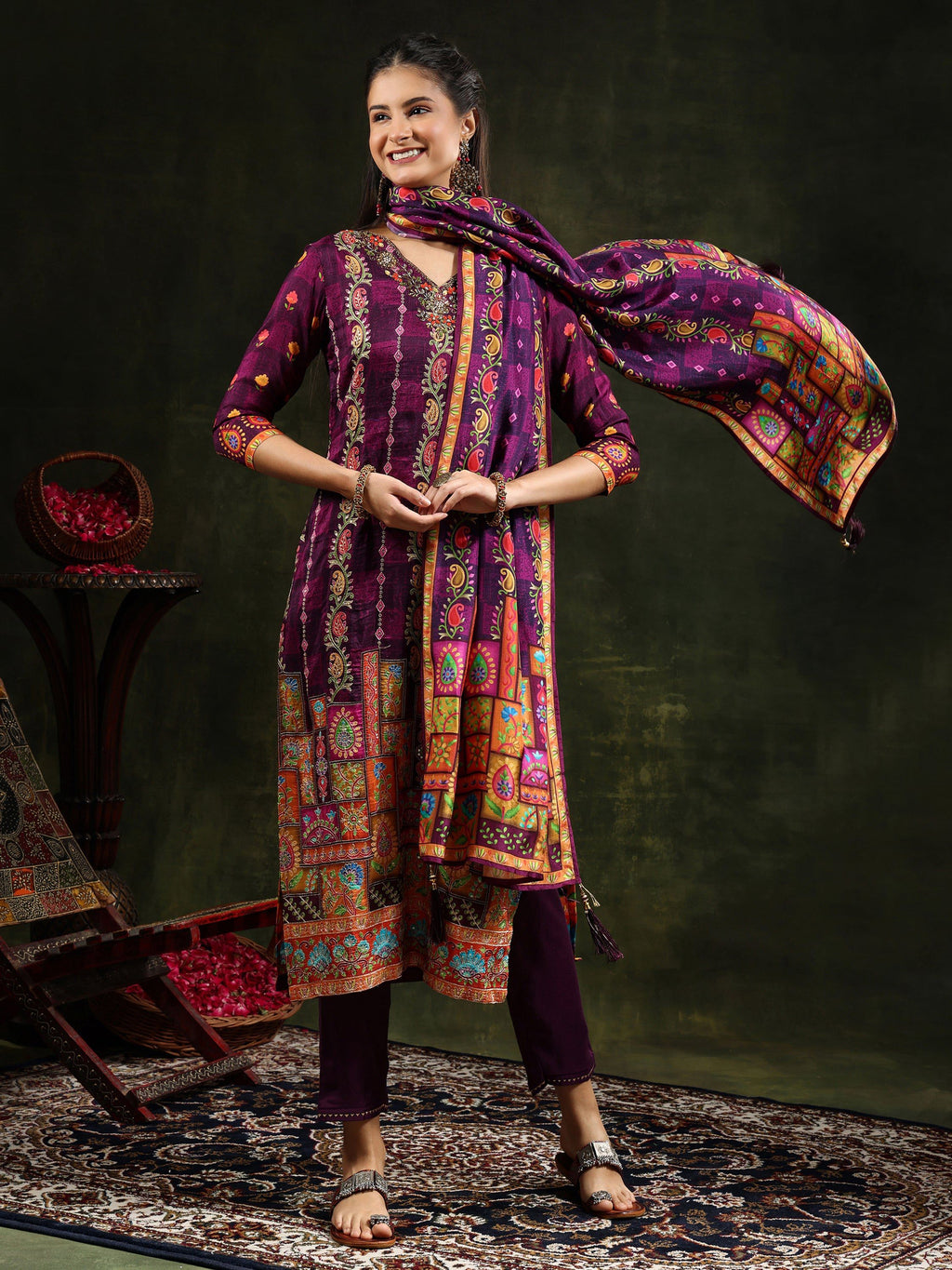 Purple Hand Embroidered Pure Silk Kurta Set with Printed Dupatta