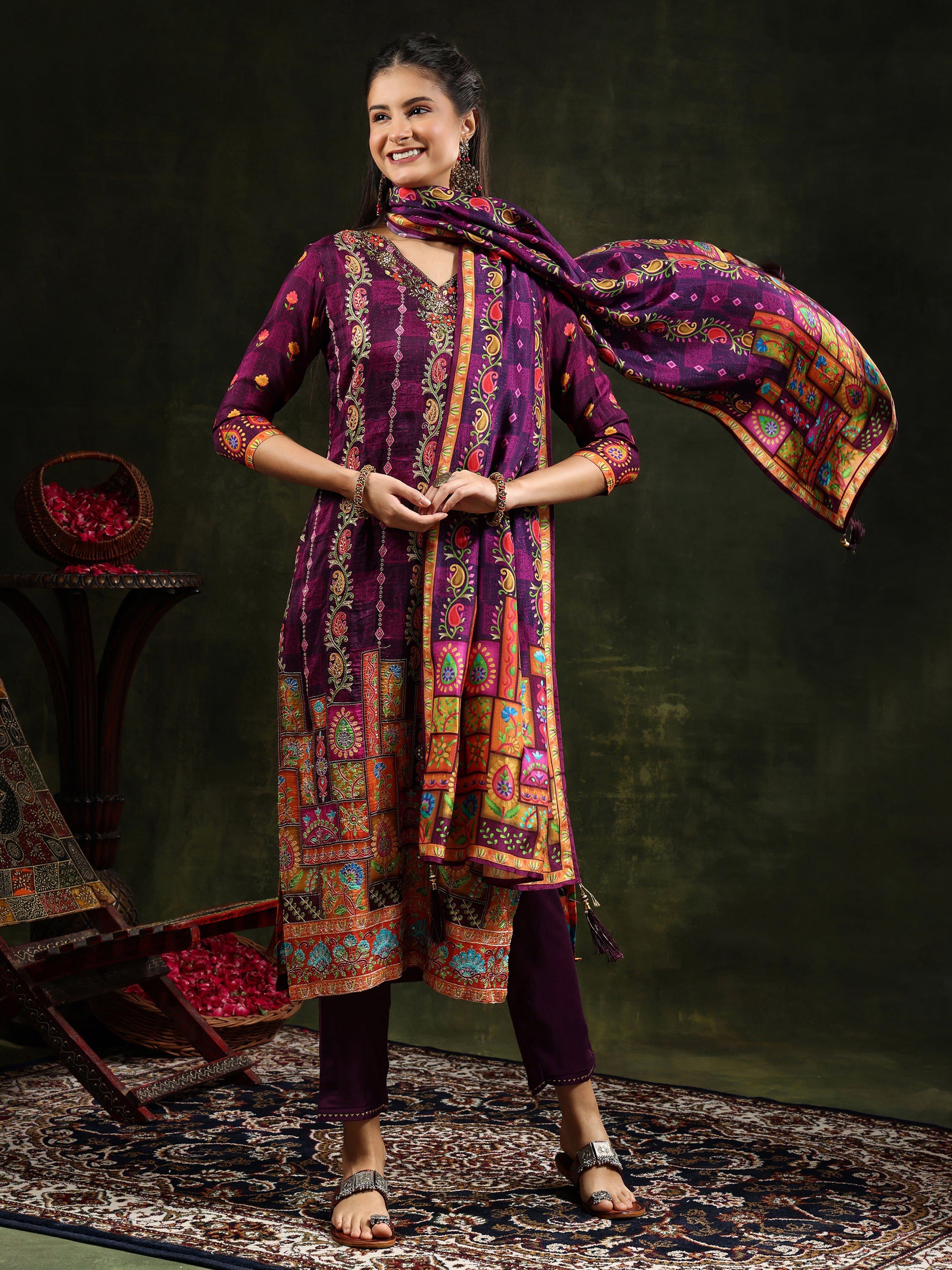 Purple Hand Embroidered Pure Silk Kurta Set with Printed Dupatta