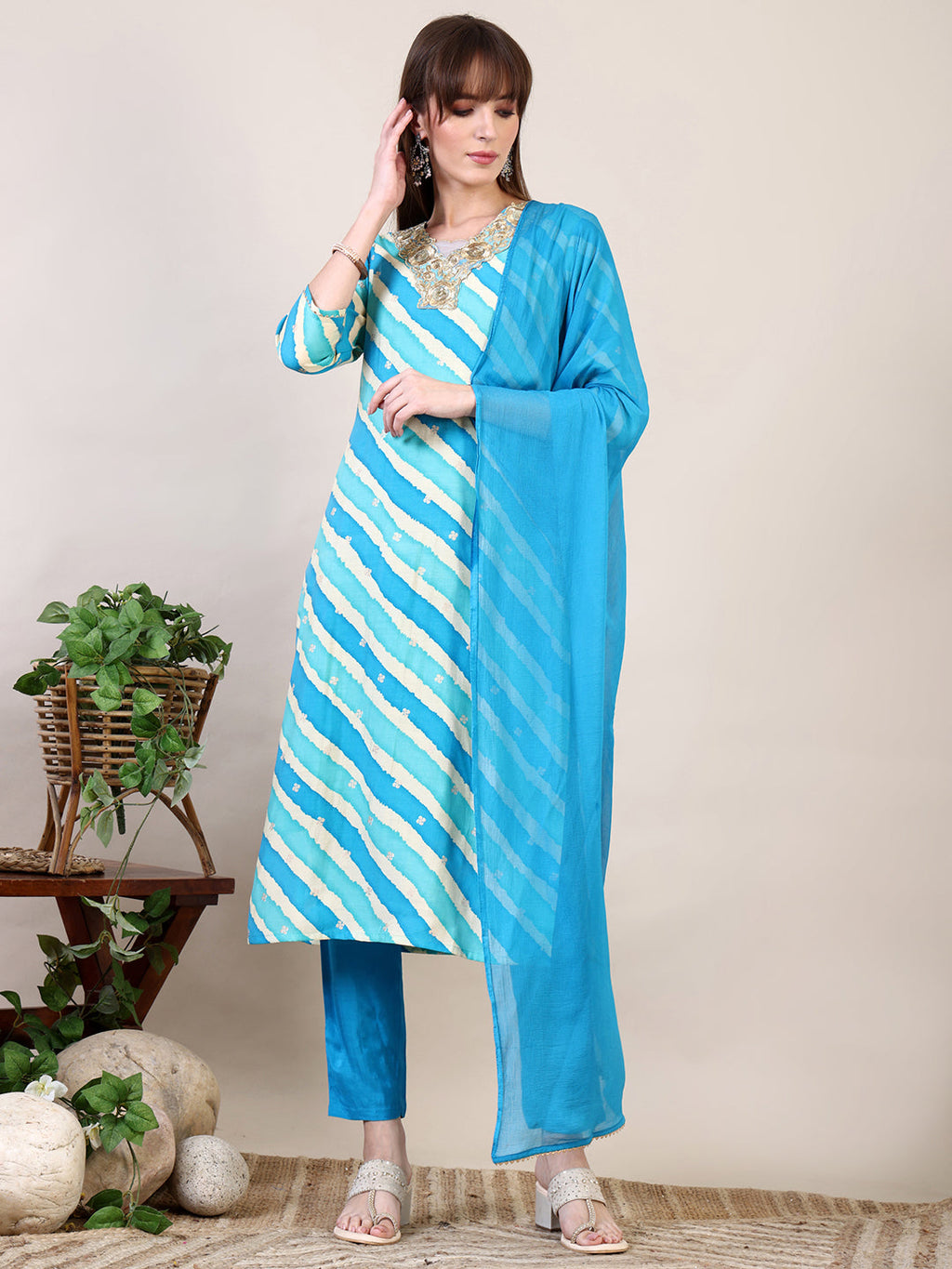 Blue Hiral Fashion Chanderi kurta with Leheriya print, applique embroidery, pants, and dupatta.