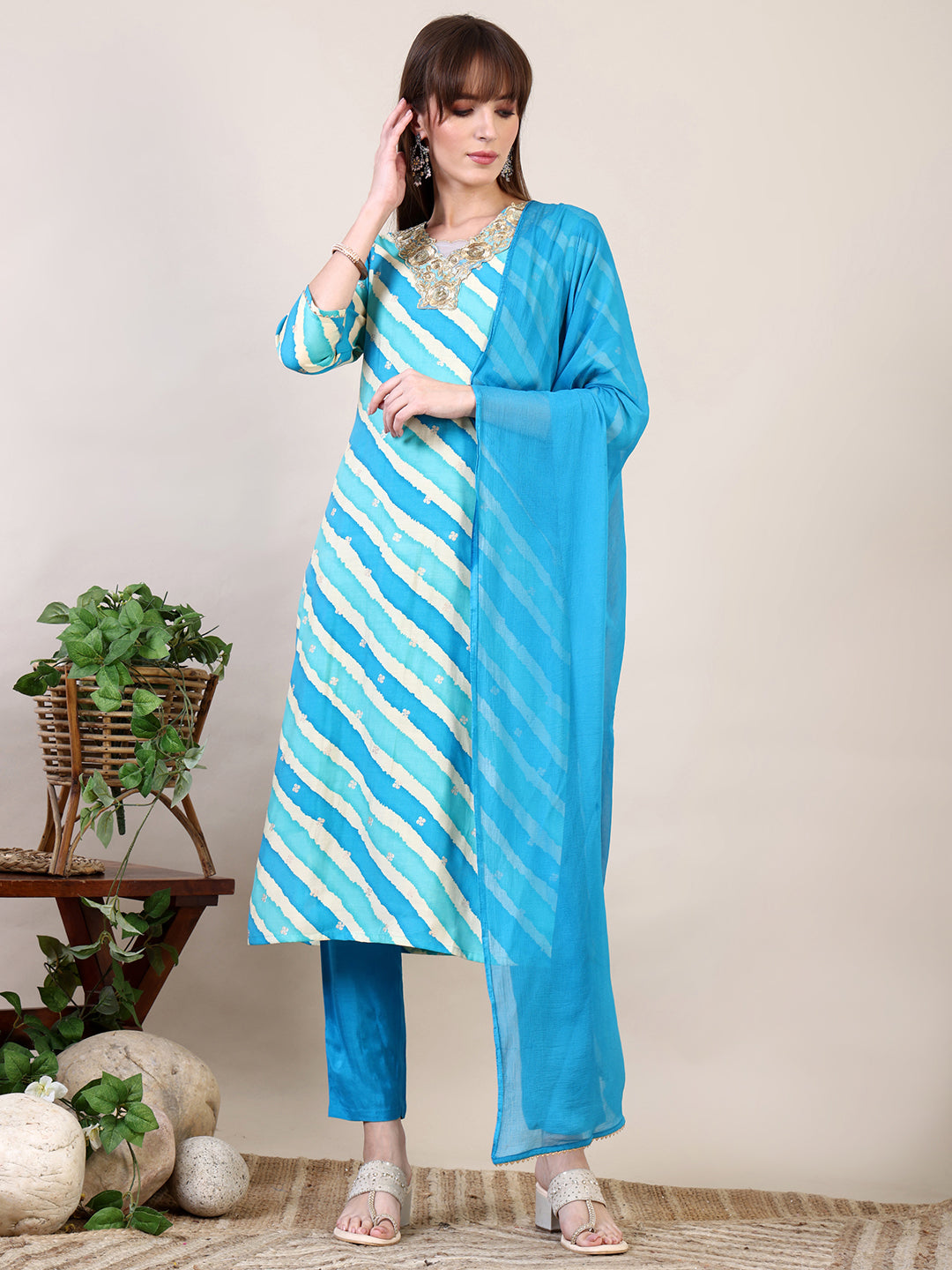 Blue Hiral Fashion Chanderi kurta with Leheriya print, applique embroidery, pants, and dupatta.