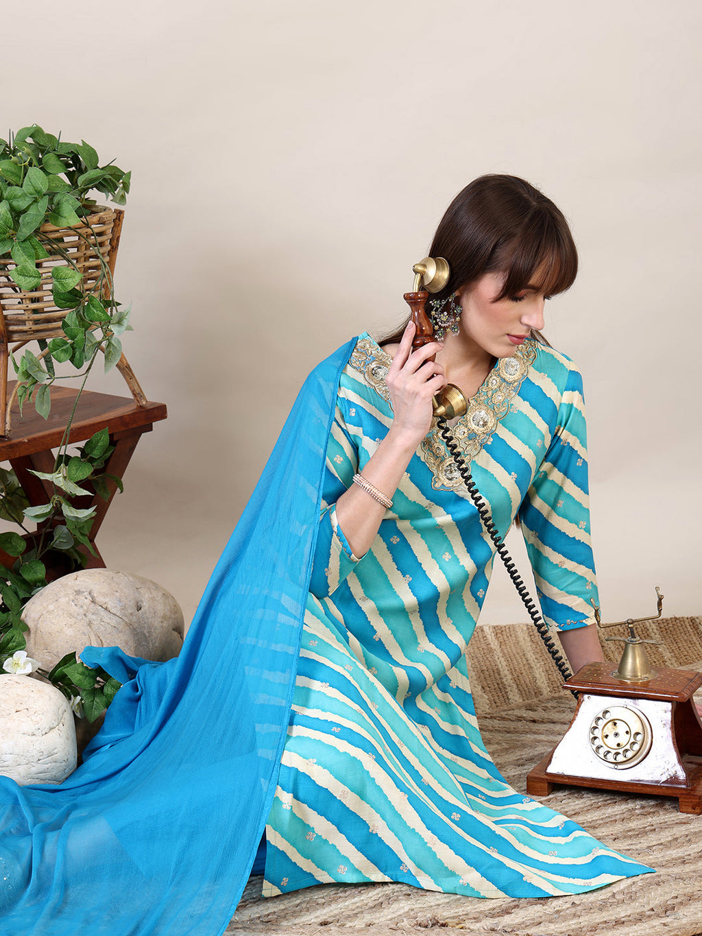 Blue Leheriya Printed Kurta with Pant and Dupatta Set